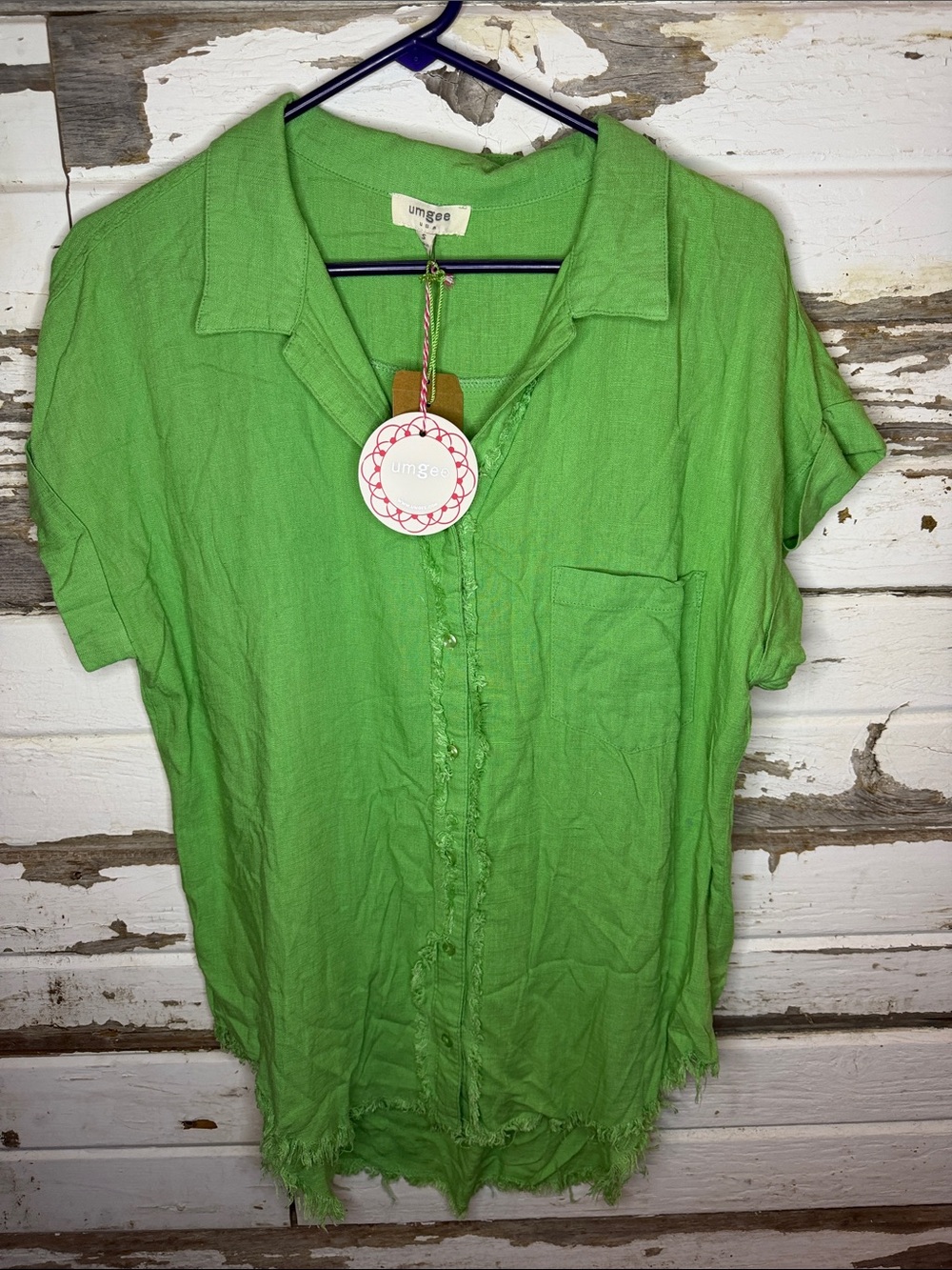 Umgee Bright Green Short Sleeve Button-Up Blouse